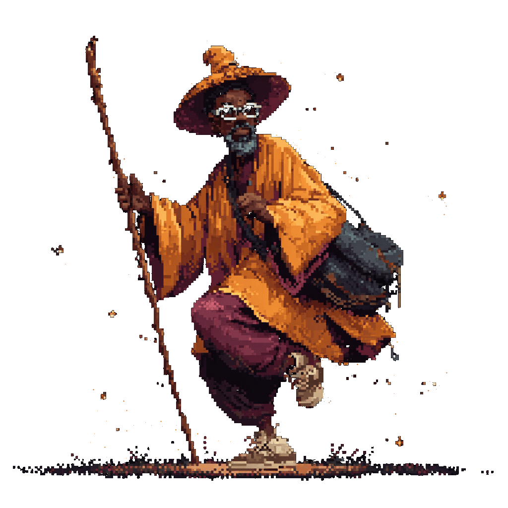 Pixel-art African wizard with drifting dust motes