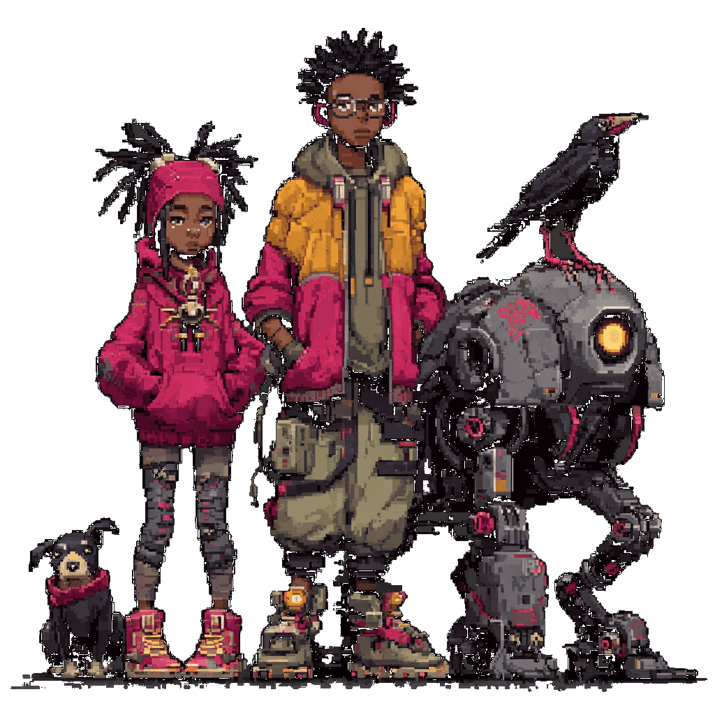 Pixel-art African teens with dog, robot, and crow — idle loop