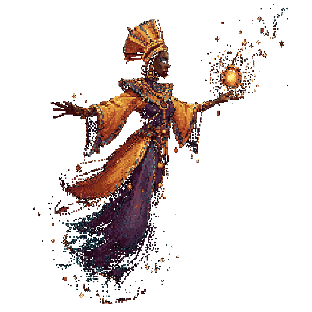 Pixel-art floating African sorceress summoning energy