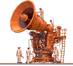 Pixel-art megaphone machine with crew figures
